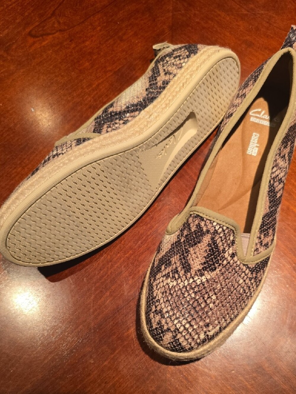 Clarks Women's Snake-Print Slip-Ons in Brown and Tan - Picture 3 of 3